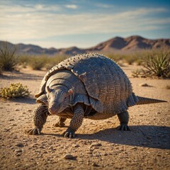 Fototapeta premium Leopard tortoise wlaking in dry land in Kgalagadi transfrontier park, South Africa ; Specie Stigmochelys pardalis family of Testudinidae. Tortoise on the ground. Elongated tortoise (Indotestudo elon