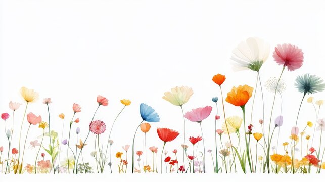 Blooming flowers field with white background stunning display of nature beauty