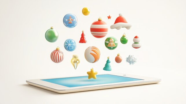 Magical christmas ornaments erupting from tablet blending holiday cheer and digital delight