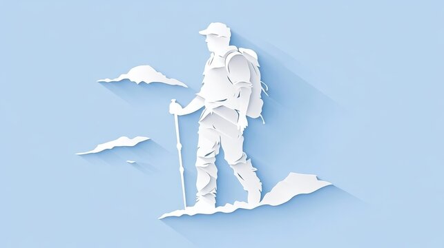 Intricate paper cut art silhouette of hiker with backpack and stick embarking on nature adventure
