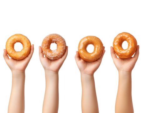 Four Donuts Held by Children's Hands Isolated On A White Background, PNG Transparent - Powered by Adobe