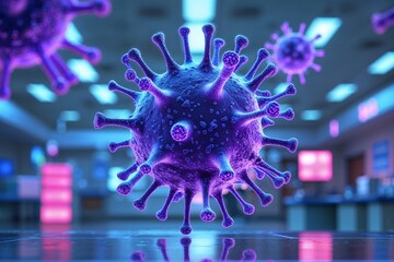 HMPV molecular closeup in 3d rendering with hospital setting for healthcare visuals and respiratory disease awareness 