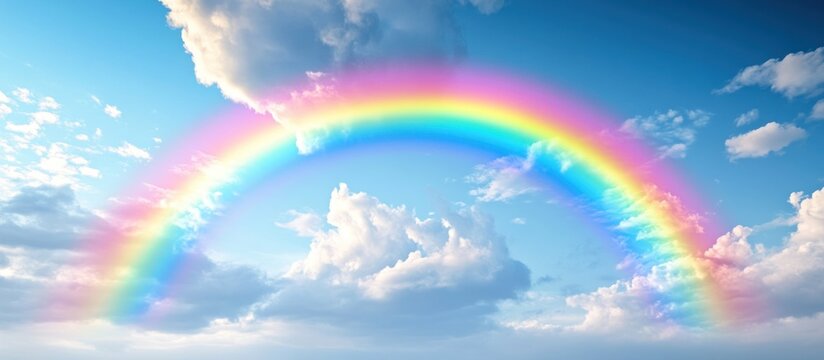 Vibrant rainbow arc in a partly cloudy blue sky.