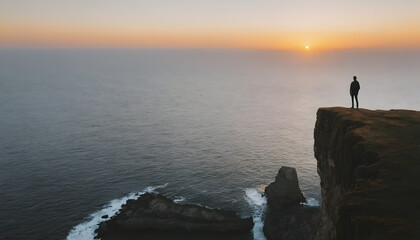 Man Standing Triumphantly on Cliff at Sunset
