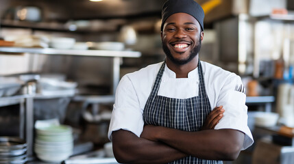 African American chef with confident stance in kitchen. Perfect for culinary leadership, restaurant management, or food service