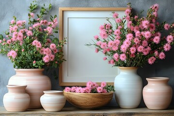 Floral Decor: Pink Flowers in Rustic Vases for Home Design and Decoration