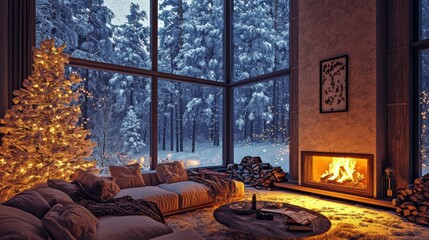 Cozy fireplace retreat warm atmosphere and snowy forest views for the holidays