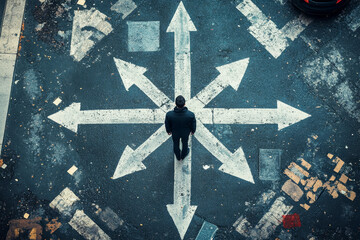 Navigating choices at a bustling crossroad with arrows pointing in all directions