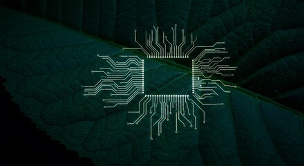 Leaf with futuristic microchip overlay representing advanced green technology innovation in ecofriendly precision farming and sustainability solution with nature and digital integration
