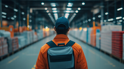Person with backpack in industrial corridor. Great for urban exploration, modern industry, or warehouse operations