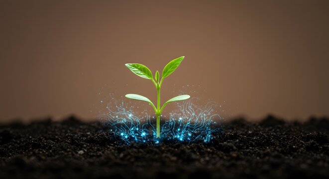 Small plant sprouting with digital circuit integration representing smart agriculture and innovative technology for precision farming and ecofriendly sustainable solutions in green food production