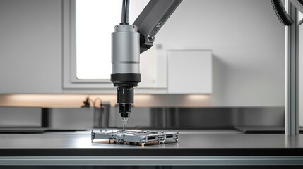 Fototapeta premium Robotic arm precisely assembling electronic component on a table in a cleanroom.