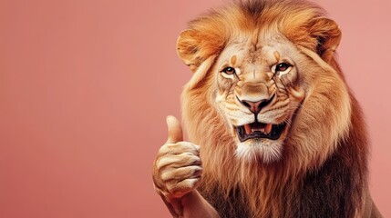 Fototapeta premium Cute funny lion, smiling, showing an approving thumb up. plain color background