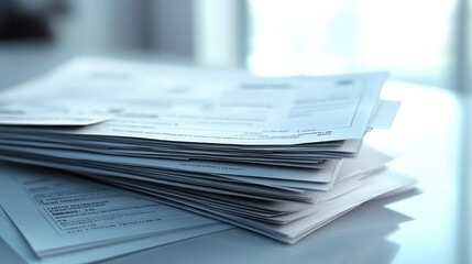 High stack of paperwork on a table.