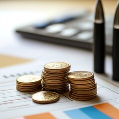 Stacks of gold coins on financial report with calculator and pens in background.
