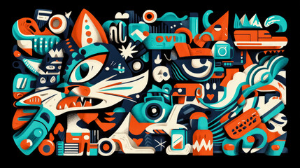 Naklejka premium Abstract feline amidst vibrant shapes and objects illustration