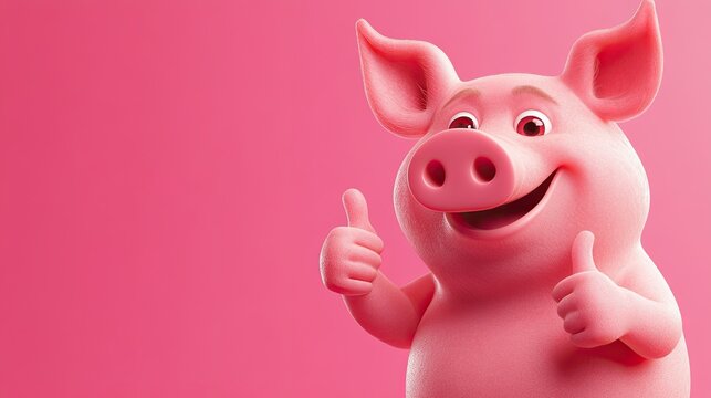 Cute funny pig, smiling, showing an approving thumb up. plain color background