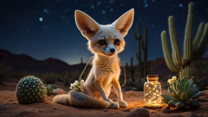 Obraz premium A cute fennec fox sits in a desert landscape, surrounded by plants and a glowing jar.