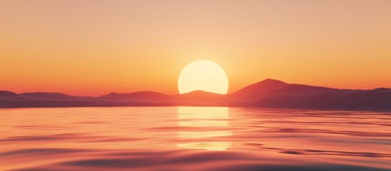 Fototapeta premium Serene sunset over calm ocean and silhouetted mountains.