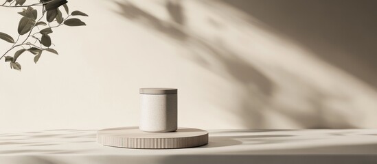 White jar on wooden stand with plant shadow.