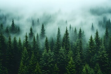 Fototapeta premium Mystical Forest Landscape with Foggy Pine Trees in Misty Atmosphere