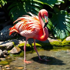 Fototapeta premium Tropical Flamingo in Shallow Water, Framed by Monstera Leaves and Rocks - Hd Quality Photo