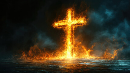 Fiery cross blaze on water amidst dark smoke. Easter, Pascha, Paskha, Ostern, Pascua, Paques - Orthodox and Catholic Holiday celebration