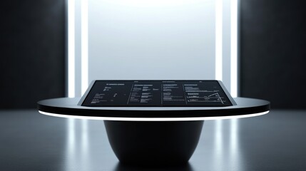 Futuristic interactive display table with data visualizations in a modern, minimalist room.