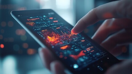 Health Info Records Sharing System. A hand interacting with a smartphone displaying data visualizations.