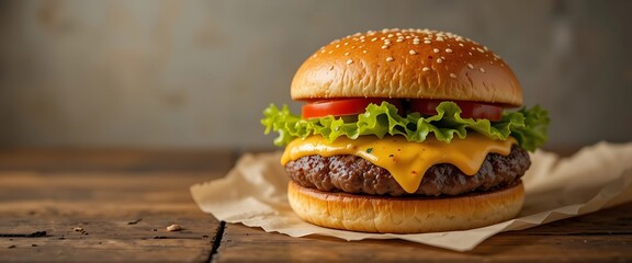 Juicy Cheeseburger: Rustic Wooden Table Setting, Warm Lighting
