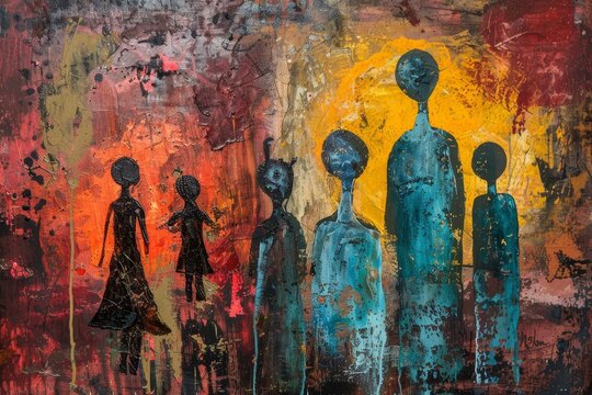 Naklejki An abstract painting depicting the complexity of family relationships through stylized figures and bold colors, An abstract representation of unresolved family dynamics