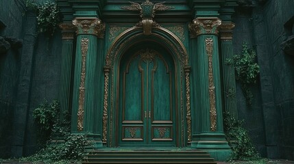 Majestic green door with ornate gold detailing in overgrown stone entrance. Saint Patrick's Day, St Paddy's Day, St Patty's Day - Irish National Holiday and Cultural Celebration