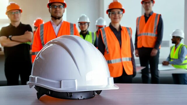 White hard hat sits on a table in front of a group of people wearing orange safety vests