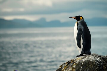 Fototapeta premium A King Penguin stands proudly on a rock overlooking the vast ocean, with mountains in the background, A penguin with a regal posture, looking out over the sea