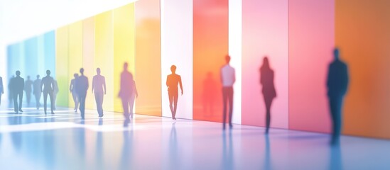 Fototapeta premium Silhouettes walking along a colorful wall.