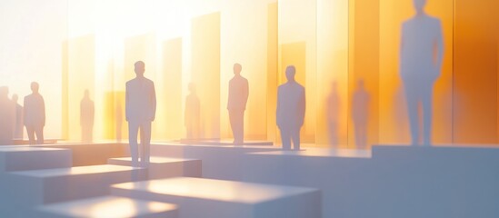 Fototapeta premium Silhouettes of businesspeople standing on platforms against a bright background of bar graphs.