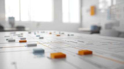 Close-up of a workflow diagram with color-coded blocks on a table in a bright office.