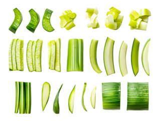 Green Vegetable Cuts:  A Visual Guide to Slicing Techniques Isolated On A White Background, PNG Transparent