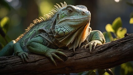 Fototapeta premium A close-up of a green iguana resting on a branch in a natural setting.