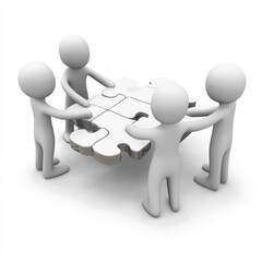 Four figures collaboratively assembling a jigsaw puzzle, symbolizing teamwork and problem-solving.