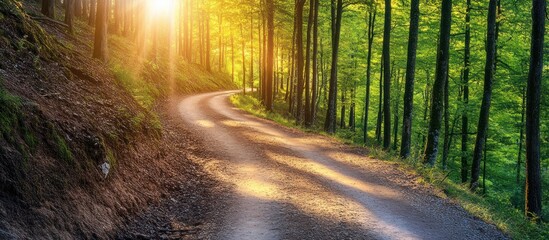 Fototapeta premium Sunlit forest path winding through lush green trees.
