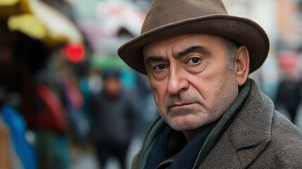 Serious senior man in hat and coat on city street. Ideal for mature lifestyle, urban sophistication, classic style or aging with dignity concepts.