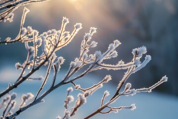 Obraz premium Frost-covered tree branches sparkle in the sunlight on a cold winter morning, Frost-covered tree branches glistening in the sunlight