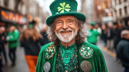 Obraz premium Elderly caucasian man celebrates st. patrick's day in green attire with shamrock hat. Saint Patrick's Day, St Paddy's Day, St Patty's Day - Irish National Holiday and Cultural Celebration