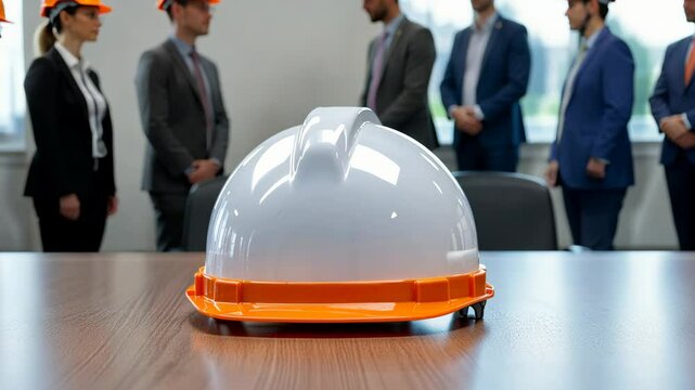 White hard hat sits on a table in front of a group of people. Concept of professionalism and safety, as the workers are wearing hard hats and standing around the table