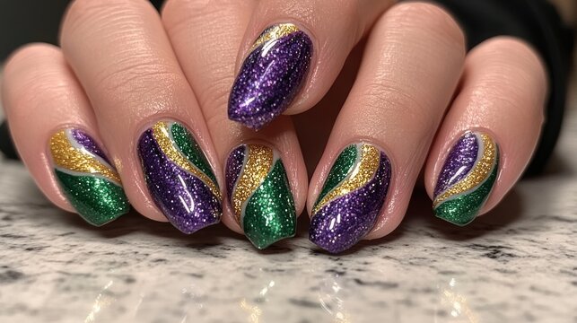 Glittery purple, green, and gold nail art with swirl design on a caucasian woman's hands. Mardi Gras, Fat Tuesday, Carnival Season. Bright Parades, Masks, Festive Costumes, Vibrant Atmosphere