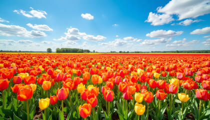 Vibrant tulip field blooming under blue sky, springtime beauty