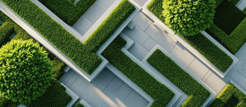 Aerial view of geometric garden design with green hedges and trees. - Powered by Adobe