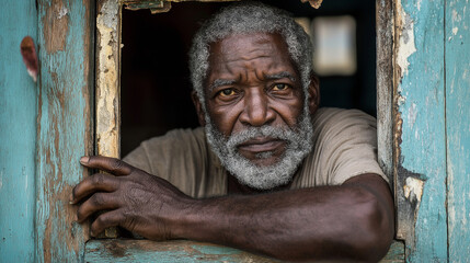 Elderly African American man in rustic window frame. Illustrates wisdom and life experience stories.