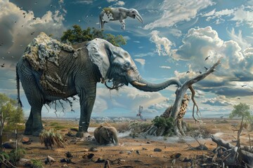 Fototapeta premium Surreal Elephant Saving Animals in a Dry, Brown Landscape Under a Cloudy Sky, A surreal interpretation of animals being saved from extinction through conservation efforts
